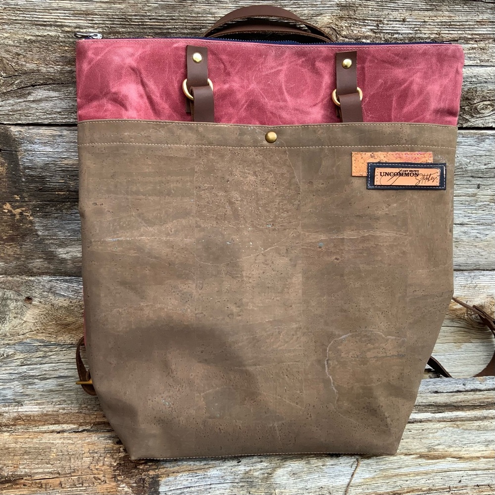 Women’s cedar red waxed canvas and cork fabric convertible backpack